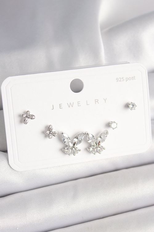 YRTCL 925 Ayar Gümüş Çivi Pirinç Zirkon Taşlı Kelebek Model Kadın Küpe Seti