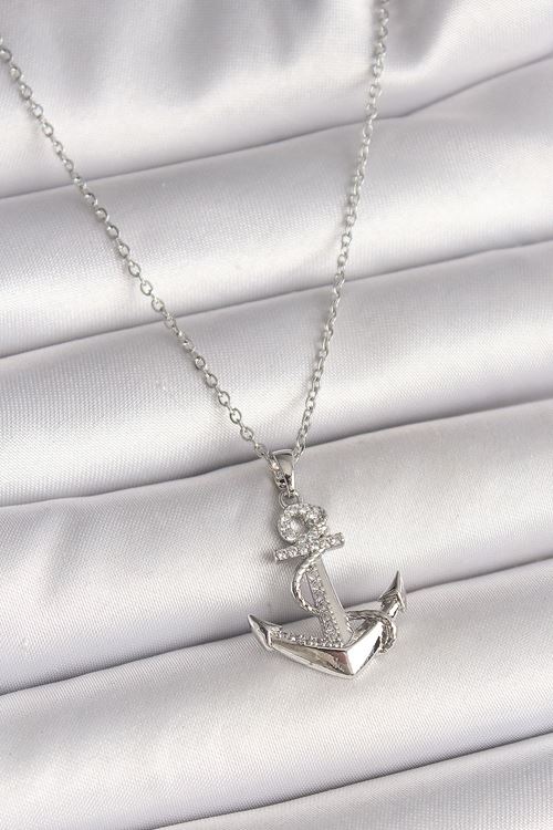 YRTCL 316L Çelik Gümüş Renk Zincir Zirkon Taş Detaylı Çapa Model Kadın Kolye