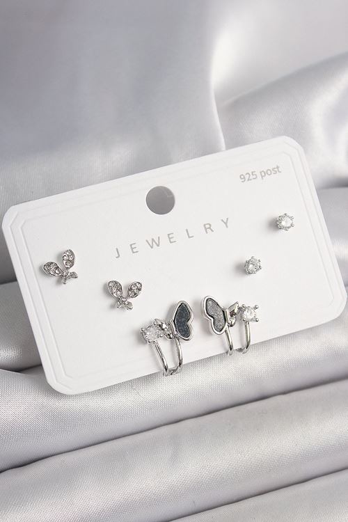 YRTCL 925 Ayar Gümüş Çivi Pirinç Gümüş Renk Zirkon Taşlı Kelebek Model Kadın Küpe Seti