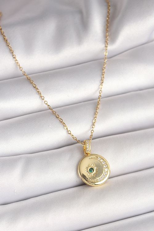 YRTCL 316L Çelik Gold Renk Zincir Zirkon Taş İşlemeli Hilal Yıldız İşlemeli Madalyon Model Kadın Kolye