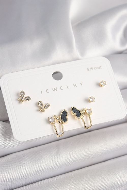 YRTCL 925 Ayar Gümüş Çivi Pirinç Zirkon Taşlı Kelebek Model Kadın Küpe Seti