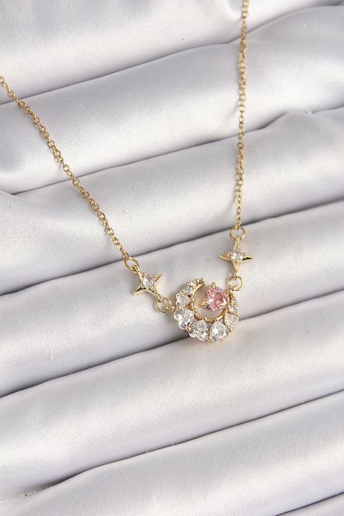 YRTCL 316L Çelik Gold Renk Zirkon Taşlı Hilal Pembe Kalp Model Kadın Kolye