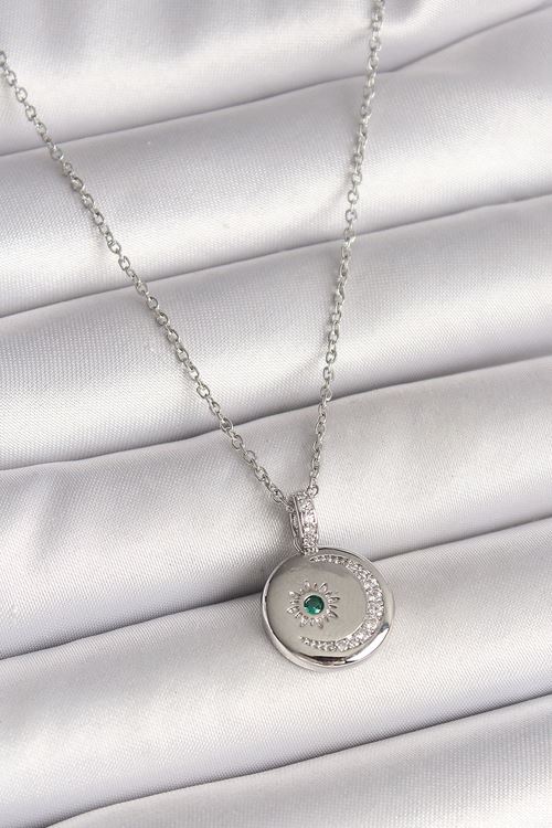 YRTCL 316L Çelik Gümüş Renk Zincir Madalyon Zirkon Taşlı İşlemeli Hilal Yıldız Model Kadın Kolye