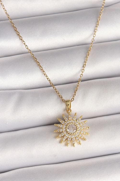 YRTCL 316L Çelik Gold Renk Zincir Zirkon Taşlı Güneş Model Kadın Kolye