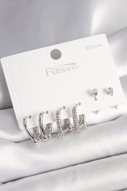 YRTCL 925 Ayar Gümüş Çivi Pirinç Gümüş Renk Zirkon Taşlı Tiffany Halka Model Kadın Küpe Seti