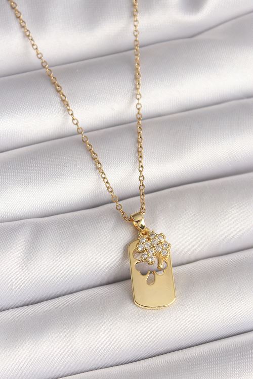 YRTCL 316L Çelik Gold Renk Zincir Zirkon Taşlı Yonca Model Kadın Kolye