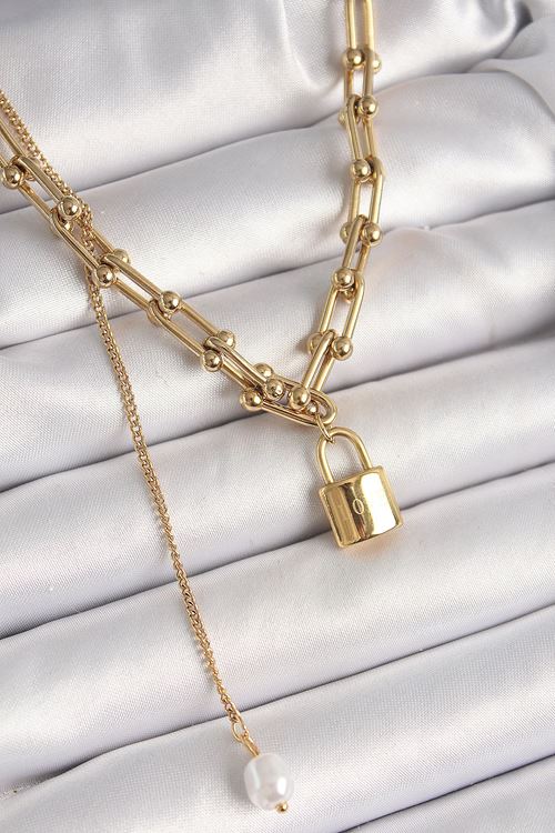YRTCL 316L Çelik Gold Renk Tifany Zincir Model Kilit Figür Sallantı İnci Detay Kadın Kolye