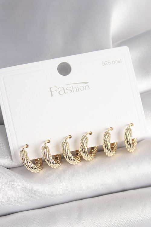 YRTCL 925 Ayar Gümüş Çivi Pirinç Gold Renk İşlemeli Halka Model Kadın Küpe Seti