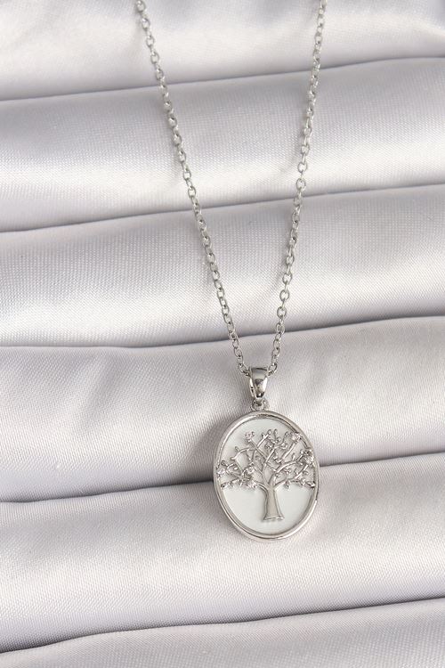 YRTCL 316L Çelik Gümüş Renk Zincir Zirkon Taş İşlemeli Beyaz Mineli Ağaç İşlemeli Portre Model Kadın Kolye