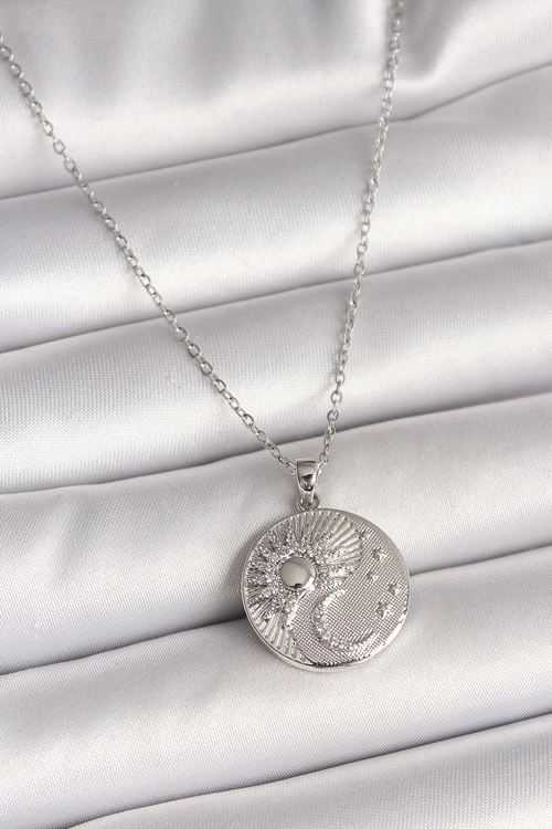 YRTCL 316L Çelik Gümüş Renk Zincir Zirkon Taşlı Ay Güneş İşlemeli Madalyon Model Kadın Kolye