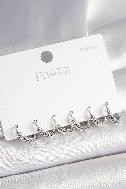 YRTCL 925 Ayar Gümüş Çivi Pirinç Gümüş Renk Kalp İşlemeli Halka Model Kadın Küpe Seti