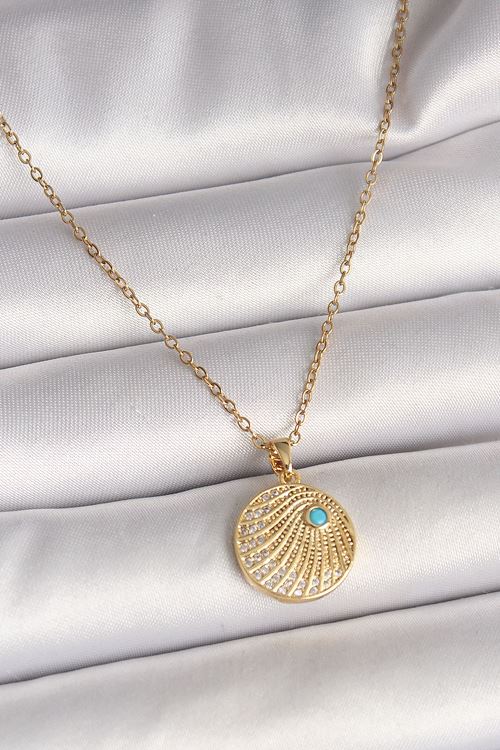 YRTCL 316L Çelik Gold Renk Zincir Zirkon Taş İşlemeli Mavi Taş Detaylı Madalyon Model Kadın Kolye