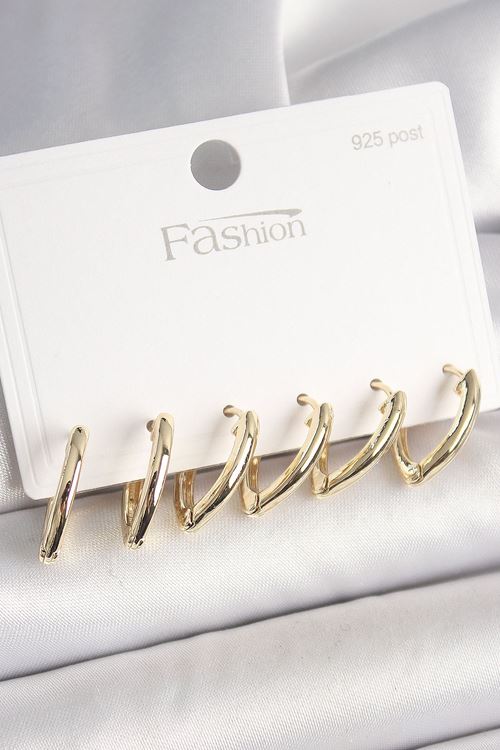 YRTCL 925 Ayar Gümüş Çivi Pirinç Gold Renk Üçgen Model Kadın Küpe Seti