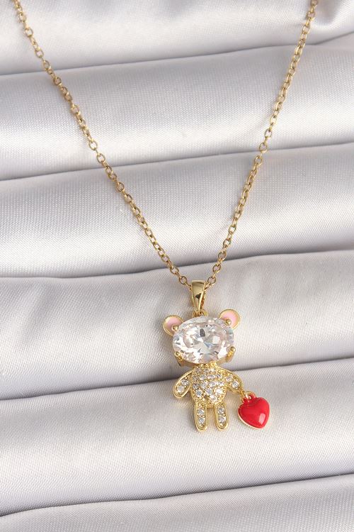 YRTCL 316L Çelik Gold Renk Zincir Zirkon Taşlı Ayıcık Model Kırmızı Kalp Detay Kadın Kolye