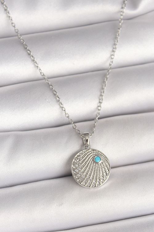 YRTCL 316L Çelik Gümüş Renk Zincir Zirkon Taşlı Mavi Taş Detaylı Madalyon Model Kadın Kolye