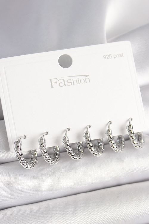 YRTCL 925 Ayar Gümüş Çivi Pirinç Gümüş Renk Sarmal Halka Model Kadın Küpe Seti