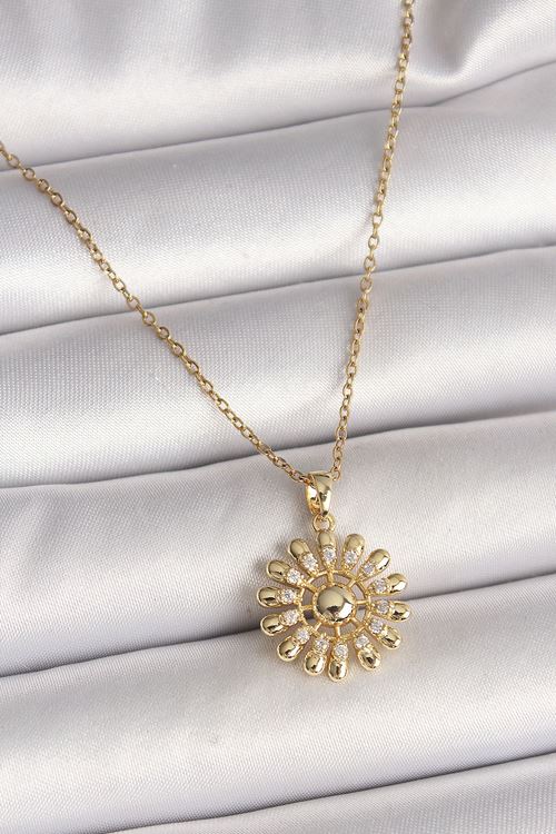 YRTCL 316L Çelik Gold Renk Zincir Zirkon Taşlı Güneş Model Kadın Kolye