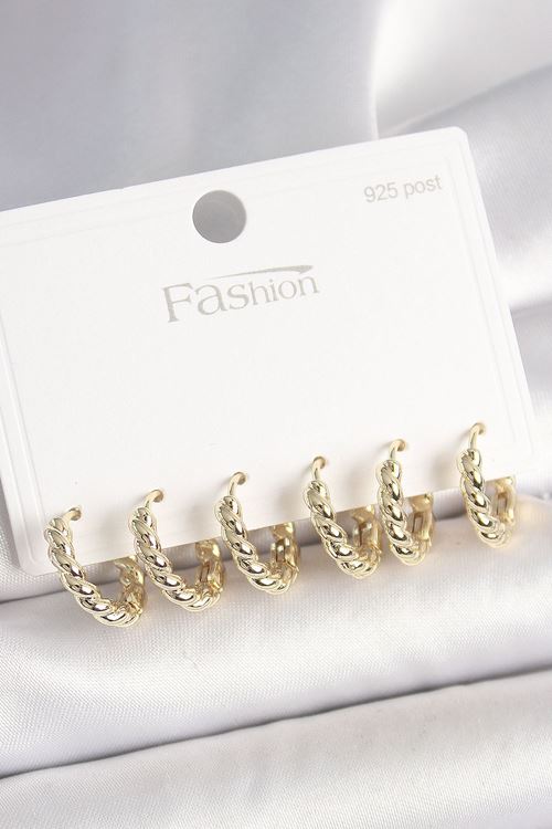 YRTCL 925 Ayar Gümüş Çivi Pirinç Gold Renk Sarmal Halka Model Kadın Küpe Seti