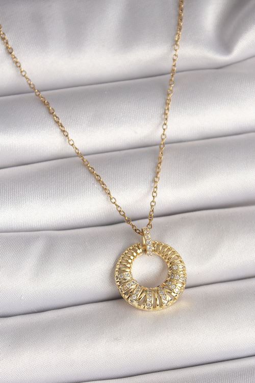 YRTCL 316L Çelik Gold Renk Zincir Zirkon Taş İşlemeli Daire Model Kadın Kolye