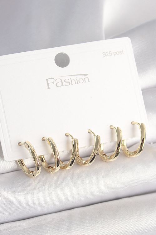 YRTCL 925 Ayar Gümüş Çivi Pirinç Gold Renk Oval Halka Model Kadın Küpe Seti