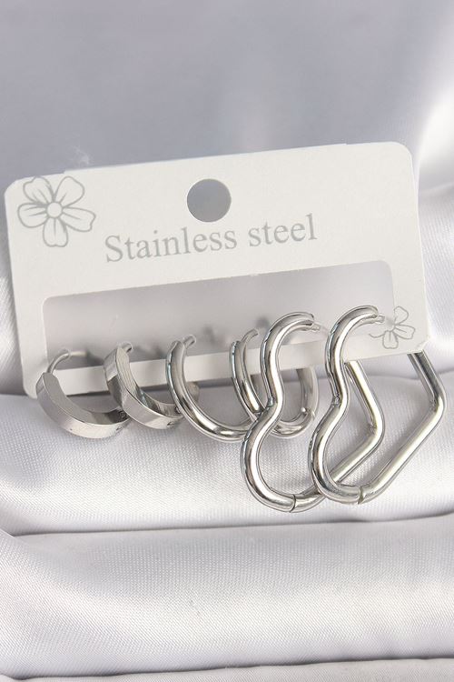 YRTCL 316L Çelik Gümüş Renk Halka Kalp Model Kadın Küpe Seti