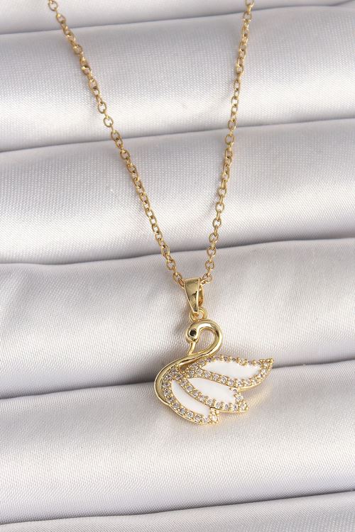 YRTCL 316L Çelik Gold Renk Zincir Zirkon Taşlı Kuğu Model Kadın Kolye