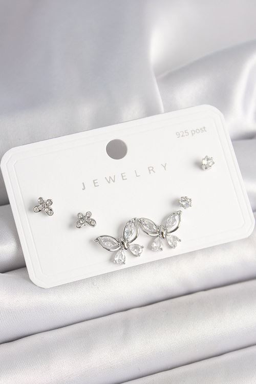 YRTCL 925 Ayar Gümüş Çivi Pirinç Gümüş Renk Zirkon Taşlı Kelebek Model Kadın Küpe Seti