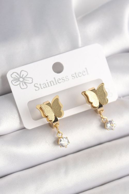 YRTCL 316L Çelik Gold Renk Sallantı Zirkon Taş Detaylı Simli Kelebek Model Kadın Küpe
