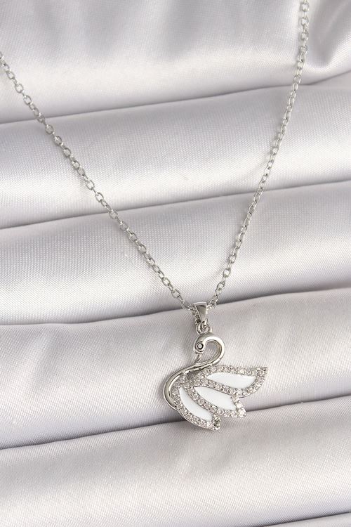 YRTCL 316L Çelik Gümüş Renk Zincir Zirkon Taşlı Kuğu Model Kadın Kolye