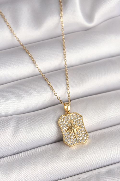 YRTCL 316L Çelik Gold Renk Zincir Zirkon Taşlı Kutup Yıldız İşlemeli Madalyon Model Kadın Kolye