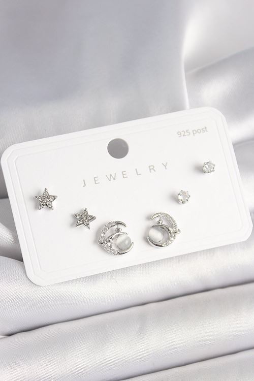 YRTCL 925 Ayar Gümüş Çivi Zirkon Taşlı Hilal Yıldız Model Kadın Küpe Seti