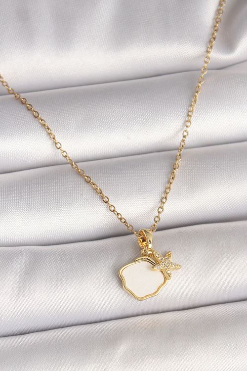 YRTCL 316L Çelik Gold Renk Zincir Sallantı Beyaz Mineli Deniz Kabuğu Zirkon Taşlı Deniz Yıldızı Figür Kadın Kolye