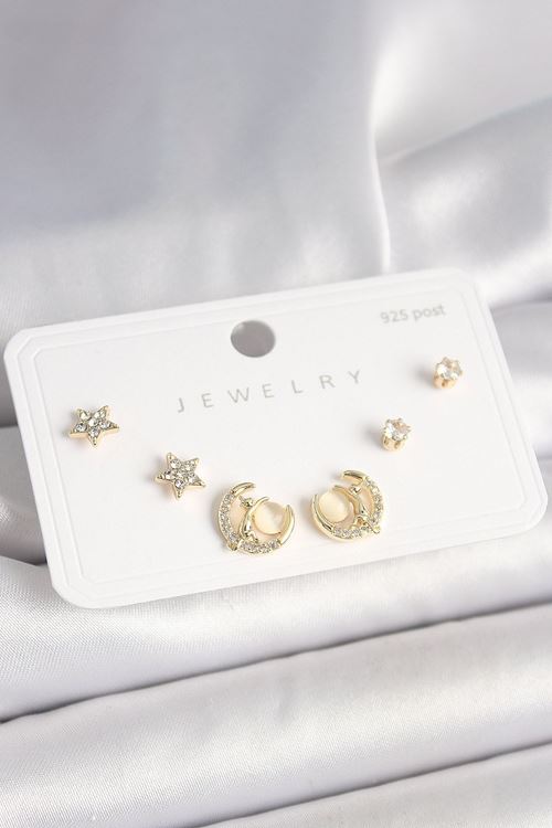 YRTCL 925 Ayar Gümüş Çivi Zirkon Taşlı Hilal Yıldız Model Kadın Küpe Seti