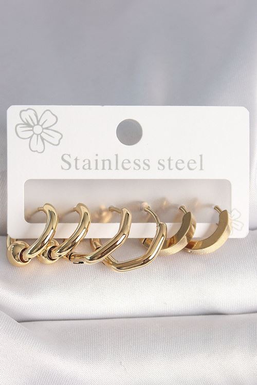YRTCL 316L Çelik Gold Renk Altıgen Halka Model Kadın Küpe Seti