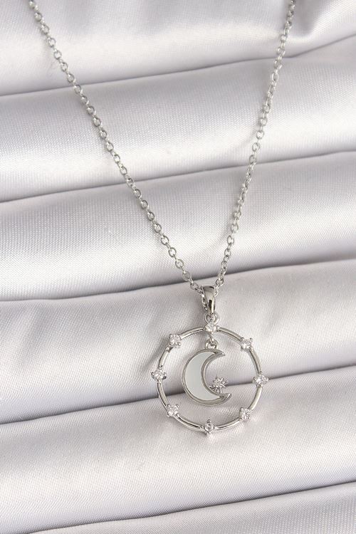 YRTCL 316L Çelik Gümüş Renk Zincir Zirkon Taşlı Beyaz Mineli Hilal Model Kadın Kolye