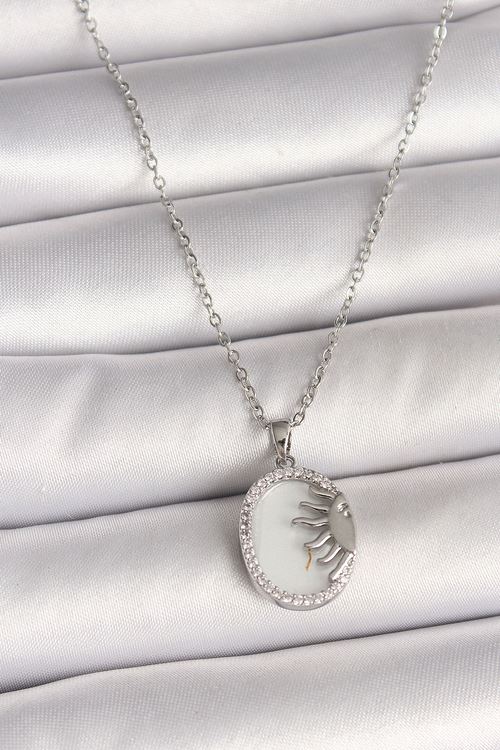 YRTCL 316L Çelik Gümüş Renk Zincir Beyaz Mineli Gün Batımı Model Zirkon Taş Detaylı Kadın Kolye