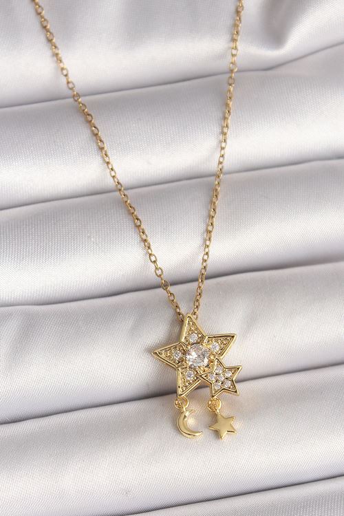YRTCL 316L Çelik Gold Renk Zincir Zirkon Taşlı Yıldız Model Sallanı Ay Yıldız Detay Kadın Kolye