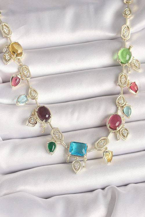 YRTCL Pirinç Gold Renk Renli Zirkon Taşlı VIP Seri Kadın Kolye