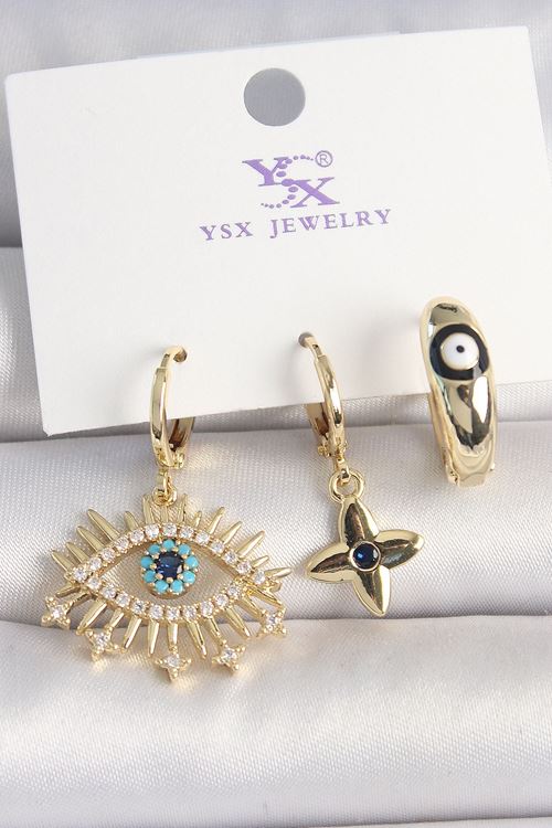 YRTCL Pirinç Gold Renk Zirkon Taşlı Göz Figür Nazar Boncuk Detay 3'Lü Kadın Kombin Küpe