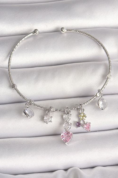 YRTCL Pirinç Gümüş Renk Sallantı Zirkon Taşlı Kalp Figür Charm Kadın Bileklik