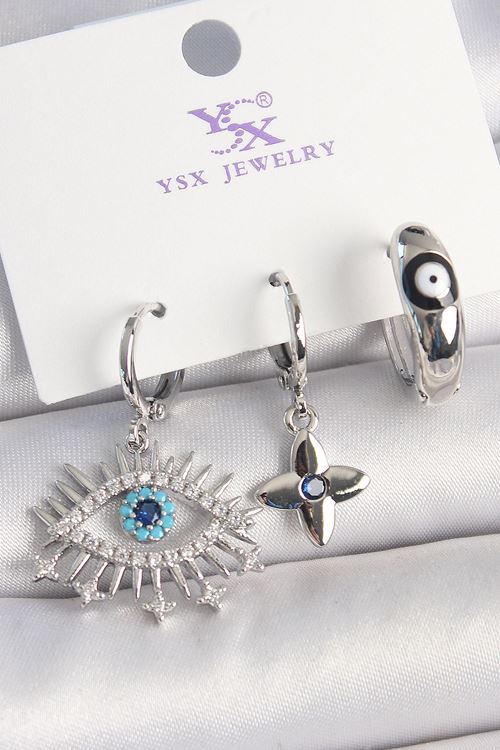 YRTCL Pirinç Gümüş Renk Zirkon Taşlı Göz Model Nazar Boncuk Detay 3'Lü Kadın Kombin Küpe