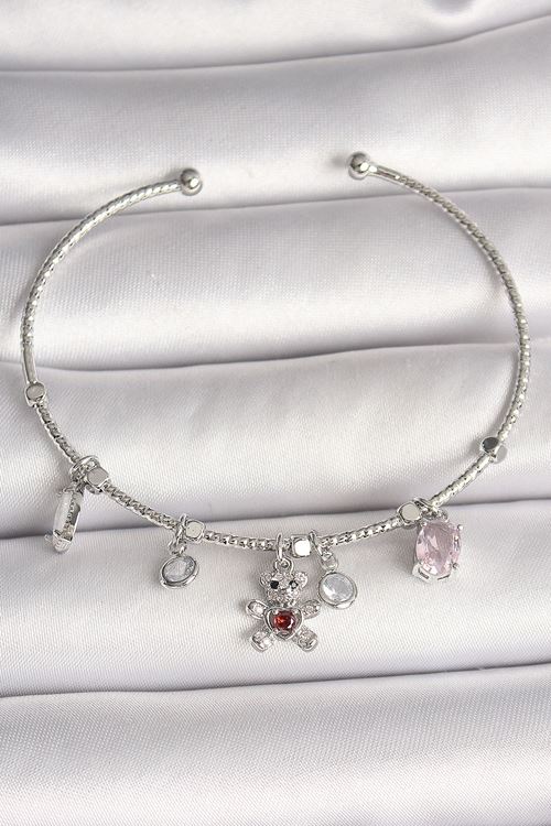 YRTCL Pirinç Gümüş Renk Sallantı Zirkon Taşlı Ayıcık Figür Kırmızı Taş Detay Charm Kadın Bileklik