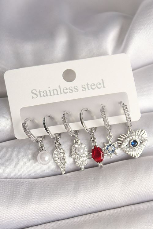 YRTCL Pirinç Gümüş Renk Zirkon Taşlı Fatma Ana El Figür Kadın Küpe Seti