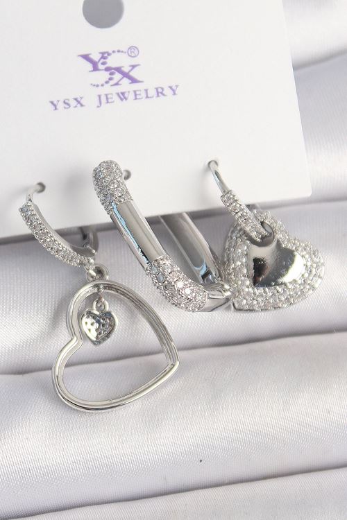 YRTCL Pirinç Gümüş Renk Sallantı Zirkon Taşlı Kalp Model 3'Lü Kadın Kombin Küpe