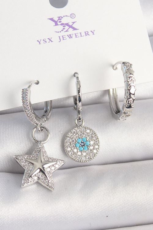 YRTCL Pirinç Gold Renk Zirkon Taşlı Yıldız Model Nazar Boncuk Detay 3'Lü Kadın Kombin Küpe