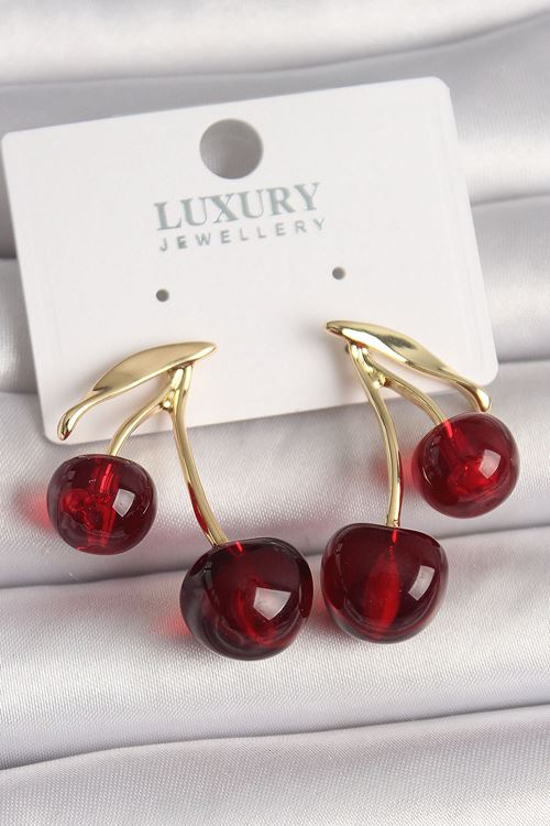 YRTCL Pirinç Gold Renk Kırmızı Kiraz Model Kadın Küpe