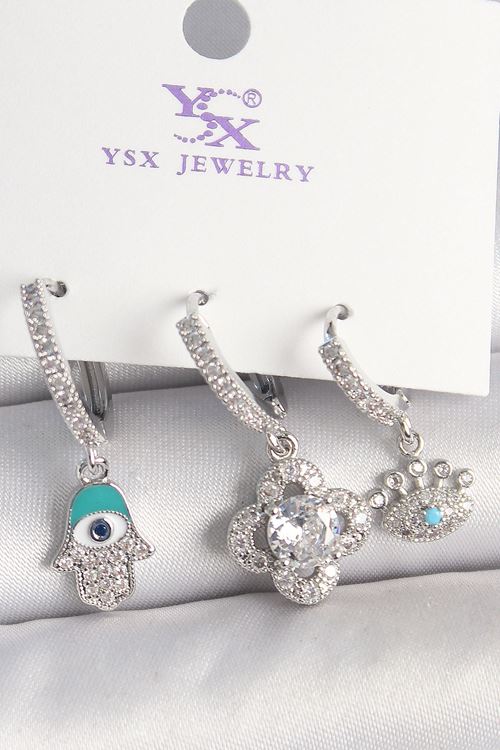 YRTCL Pirinç Gümüş Renk Zirkon Taşlı Fatma Ana Yonca Figür Göz Detay 3'Lü Kadın Kombin Küpe