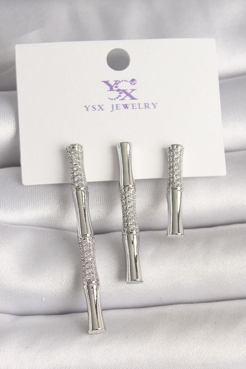 YRTCL Pirinç Gümüş Renk Zirkon Taşlı Bambu Model 3'Lü Kadın Kombin Küpe