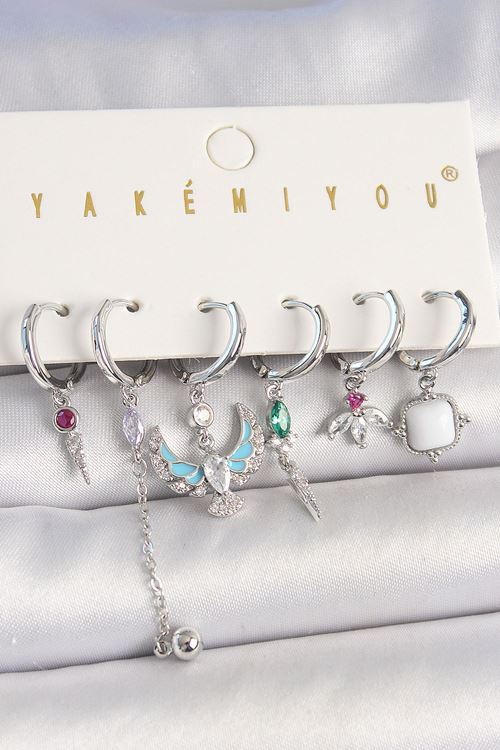 YRTCL Pirinç Gümüş Renk Zirkon Taşlı Kuş Figür Çiçek Detay 6'Lı Kadın Kombin Küpe