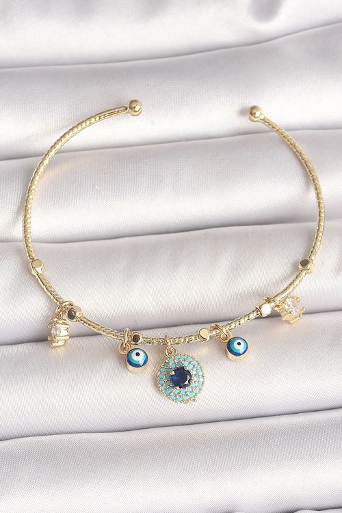 YRTCL Pirinç Gold Renk Zirkon Taşlı Nazar Boncuk Detay Charm Kadın Bileklik